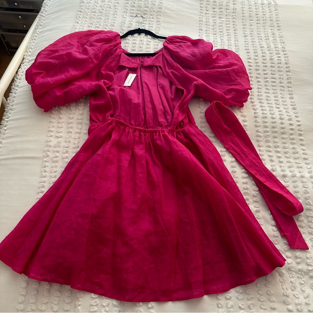 Banana Republic Pink Puff Sleeve Open Back Mini Dress Ramie Size M NWT - Picture 8 of 15
